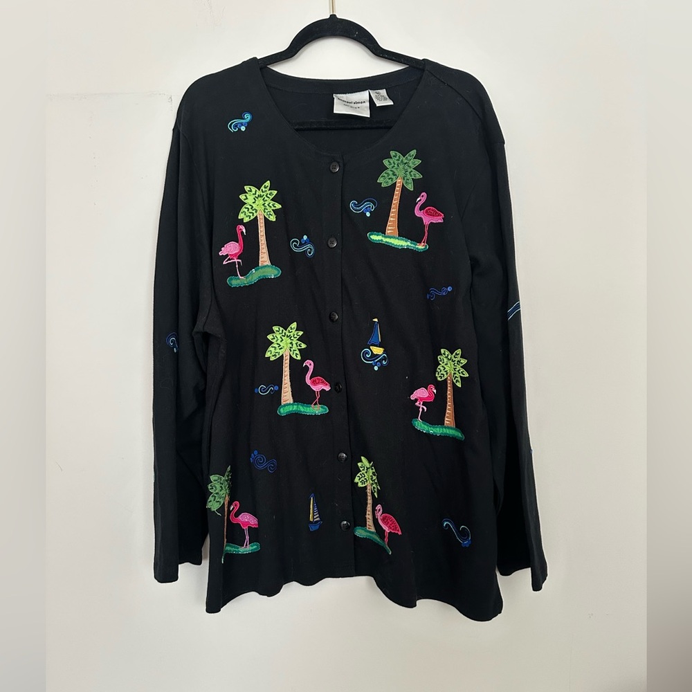 Vintage Michael Simon Black Cardigan with Tropical Embroidery